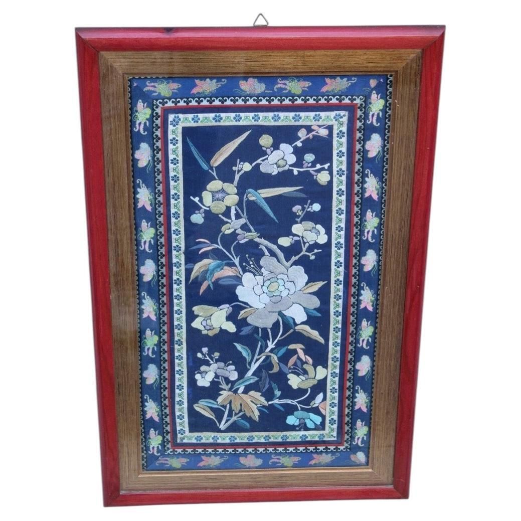 Painting With Hand Embroidered Colorful Silk Fabric With Flowers Birds And Trees
