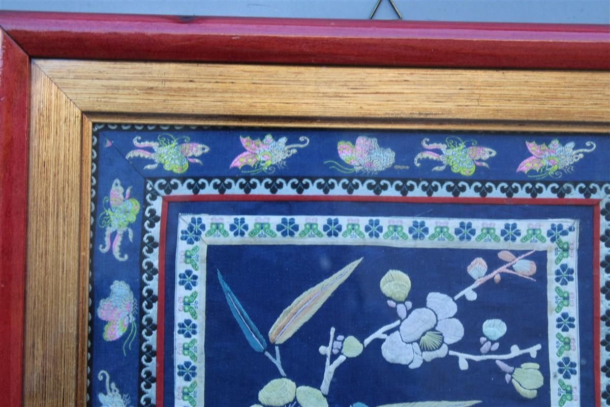 Painting With Hand Embroidered Colorful Silk Fabric With Flowers Birds And Trees photo Art
