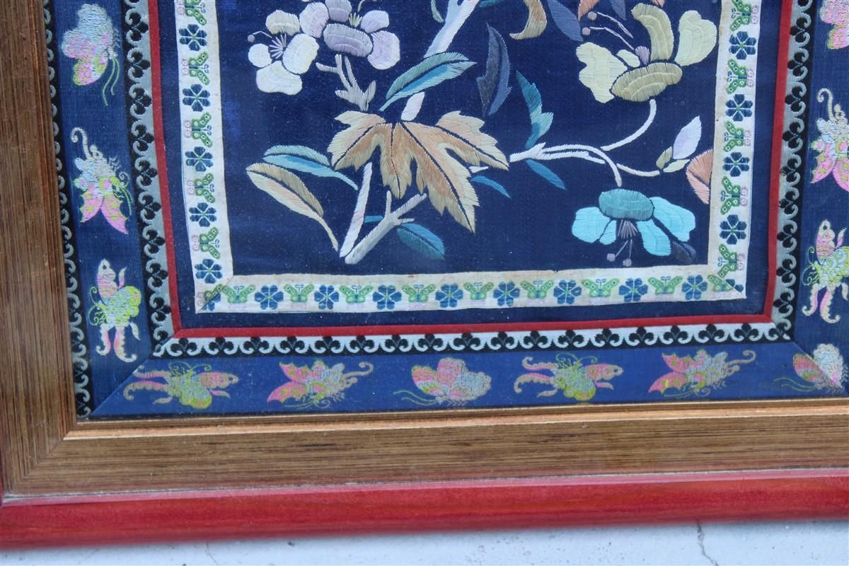 Painting With Hand Embroidered Colorful Silk Fabric With Flowers Birds And Trees photo vinterior