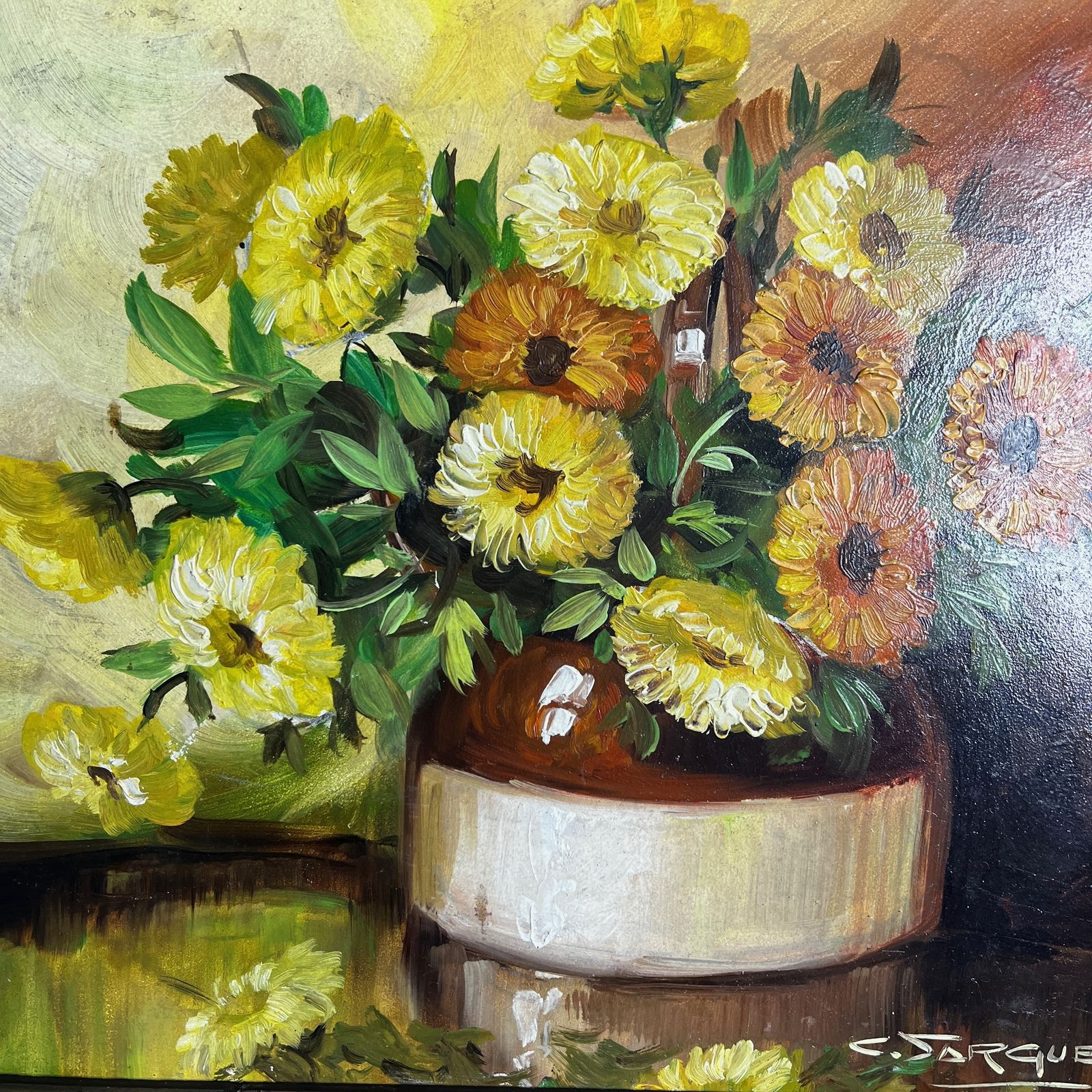 Vintage French Oil Painting Of Marigolds In A Vase By C. Jarque photo furniture
