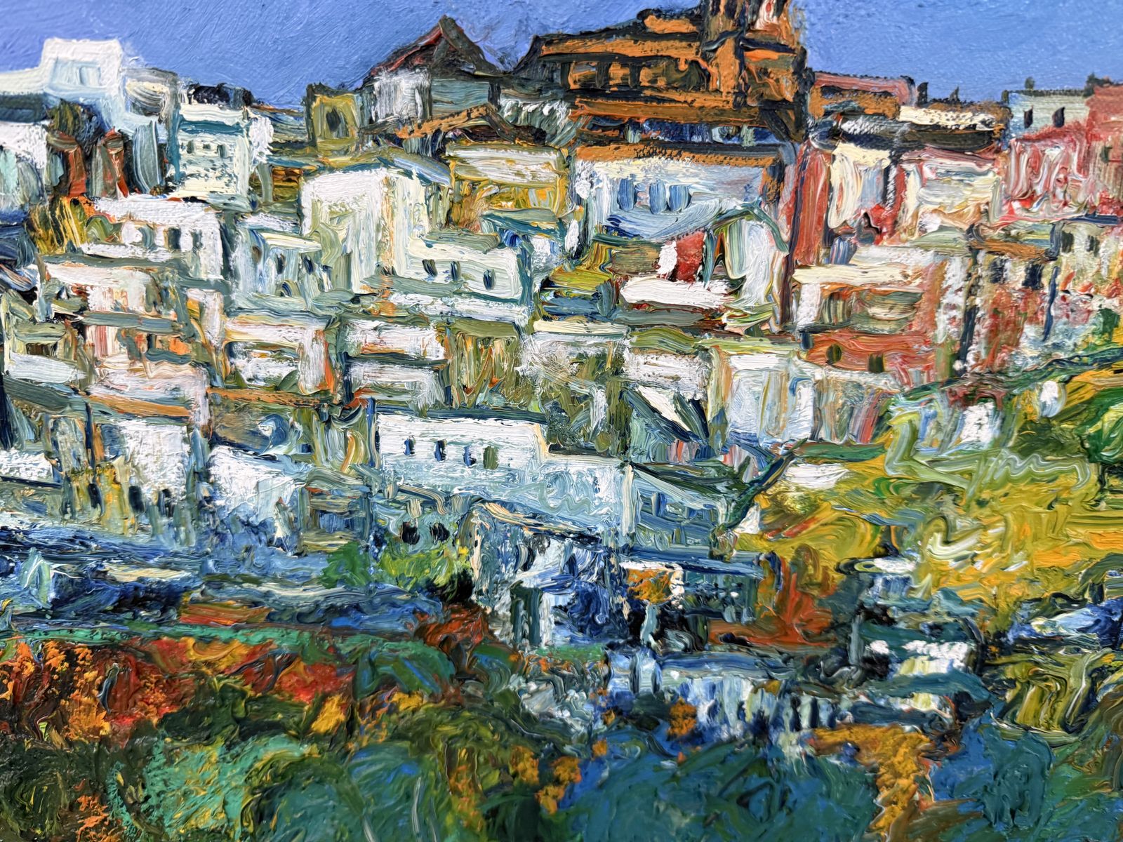 Ulpiano Carrasco Textured Andalusian White Village Landscape Expressive Impasto Oil Canvas Spain 2000 photo buy