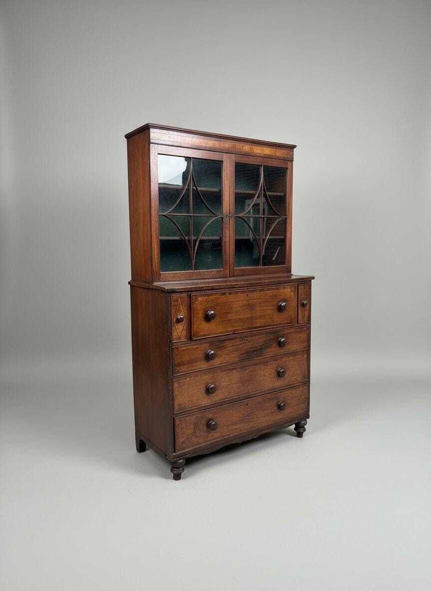 Beautiful Georgian Mahogany Inlaid Secretaire Bookcase, Classic 18th Century British Furniture Desk Design photo 1200.0