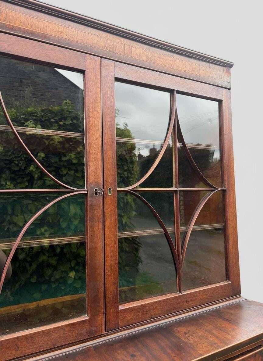photo for sale Beautiful Georgian Mahogany Inlaid Secretaire Bookcase, Classic 18th Century British Furniture Desk Design
