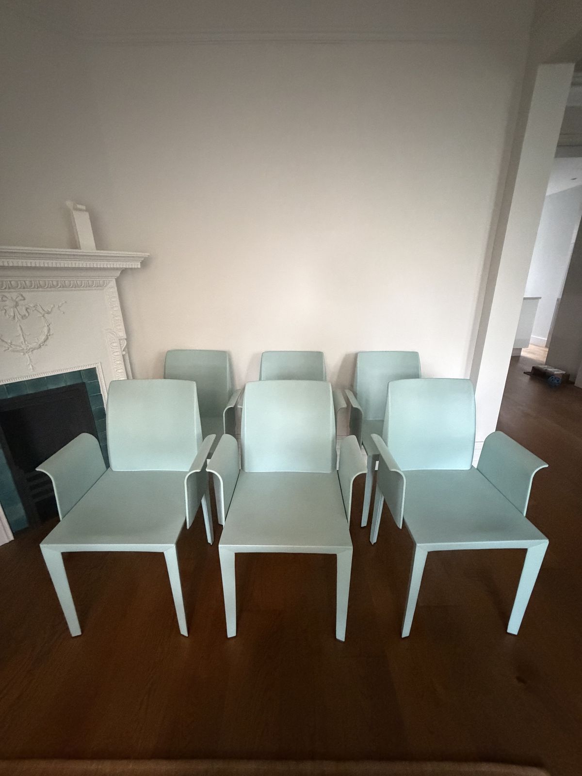Poltrona Frau Lola Dining Chairs Set Of 6 Celadon Leather Armchairs Italy photo vinterior