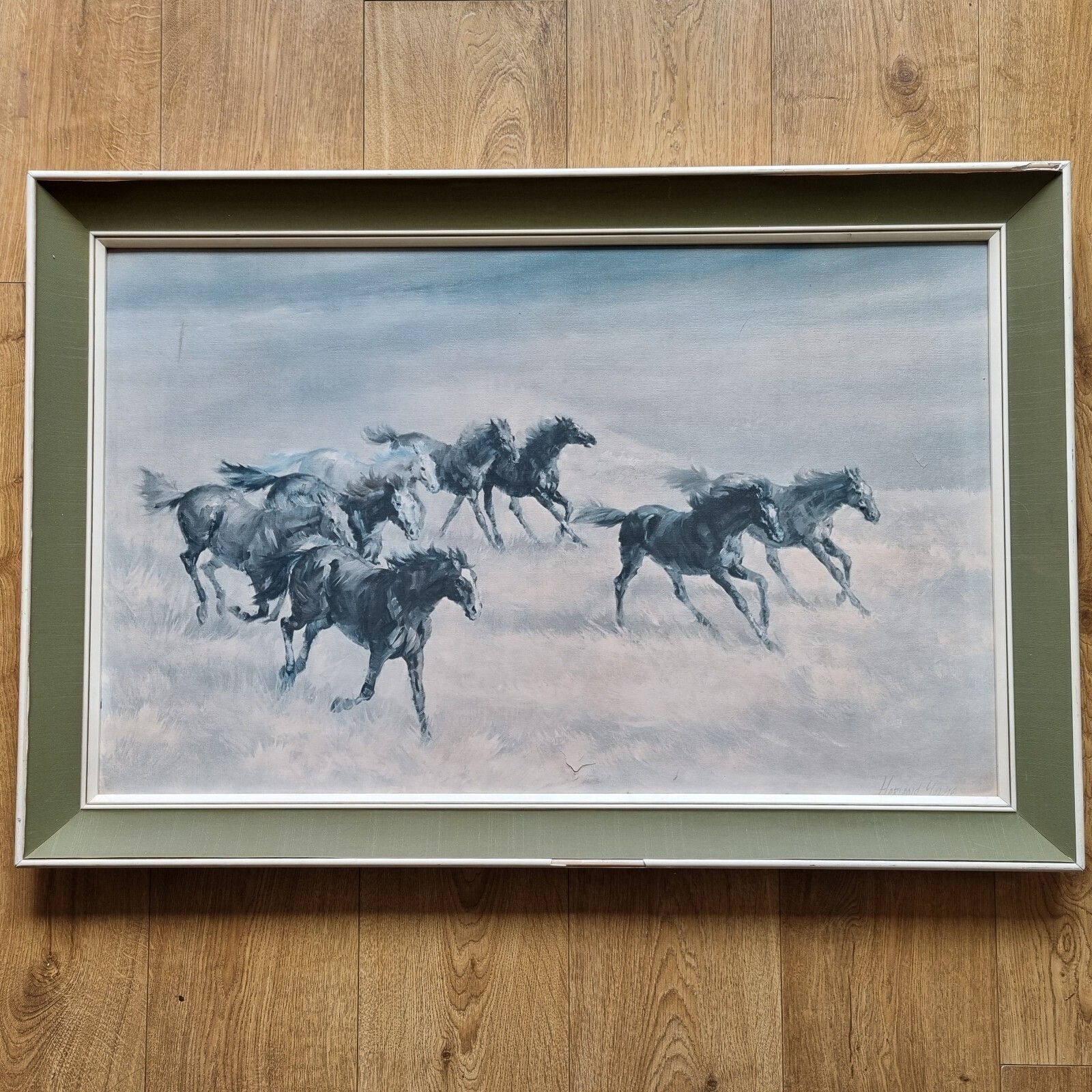 Large Mid Century Print On Board Wild & Free Horses Harland Young Framed 1960's
