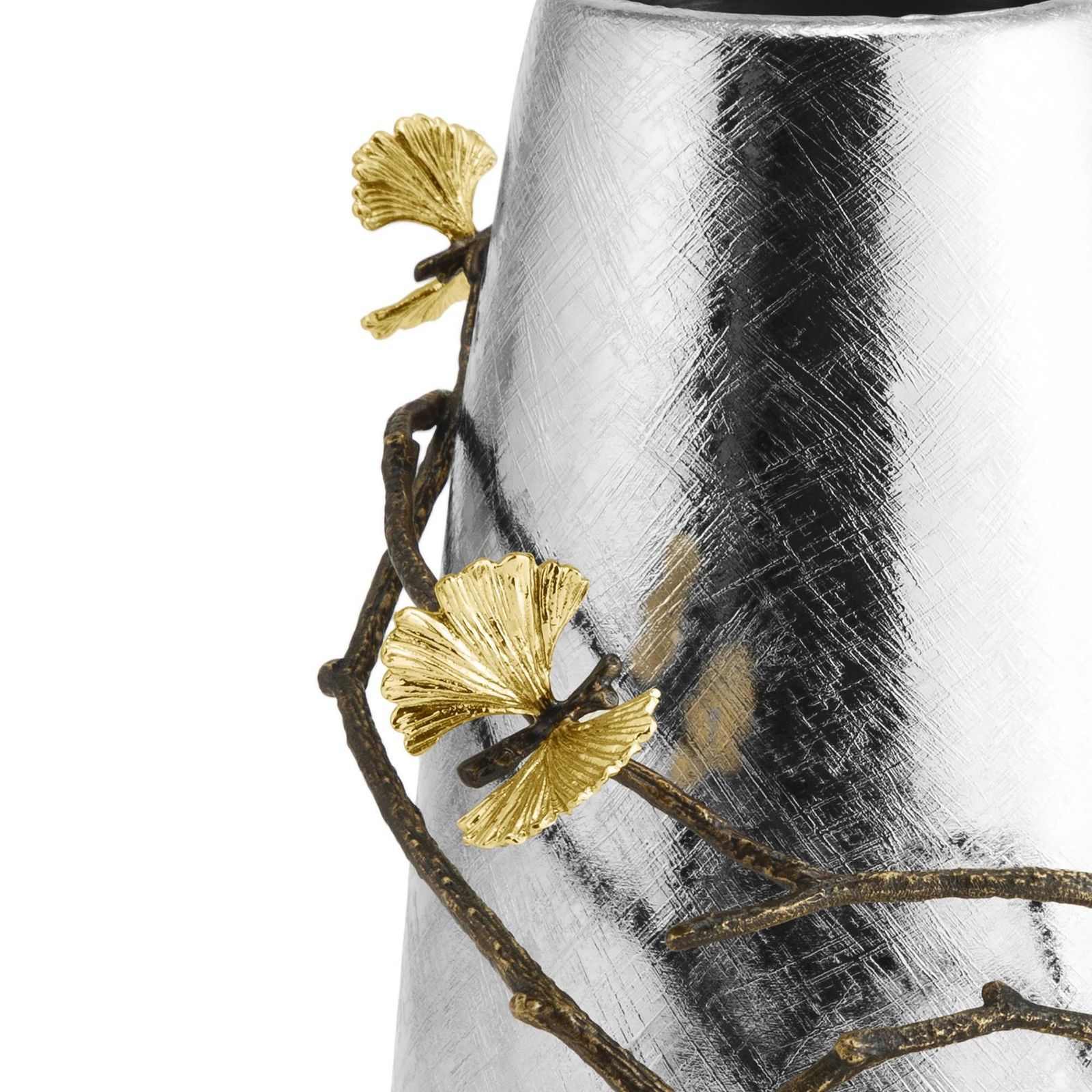 Pair Of Large Contemporary Silver Metal Ginkgo Vase With Gold Accents photo for sale