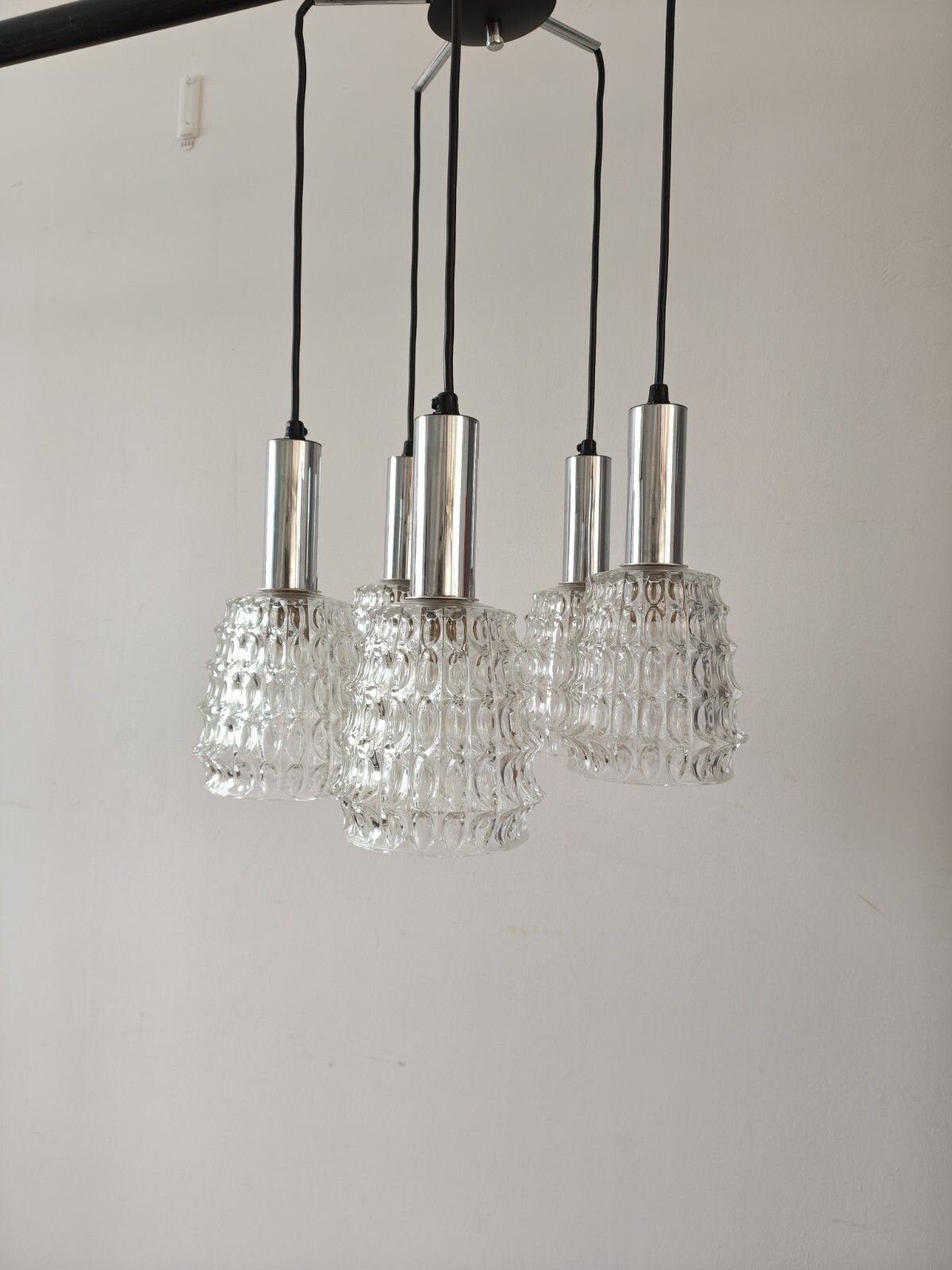 Vintage Mcm 5 Arm Chrome Chandelier Pineapple Glass Lamp Shades 1960s Space Age. photo vintage