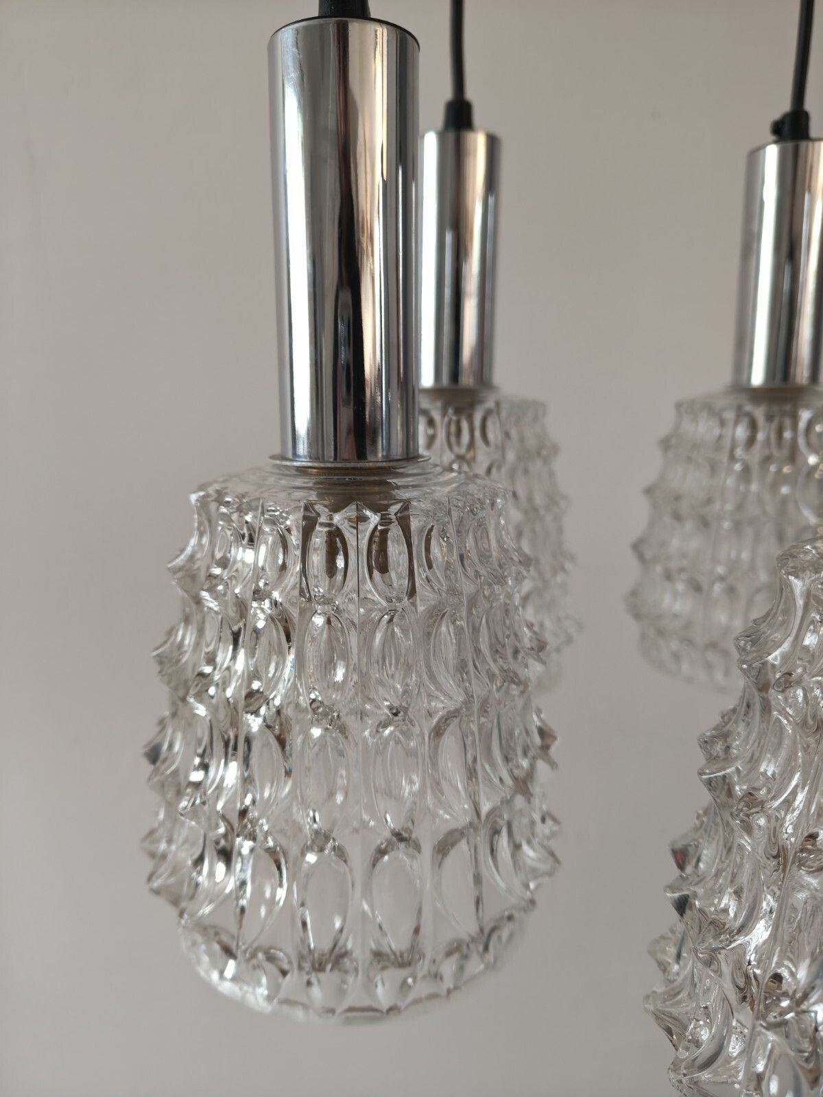 250.0 Vintage Mcm 5 Arm Chrome Chandelier Pineapple Glass Lamp Shades 1960s Space Age. photo