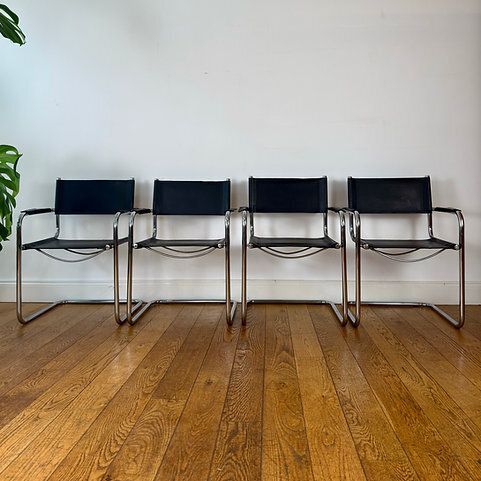 Set Of 4 Mid Century Breuer Chairs In Black Leather photo furniture