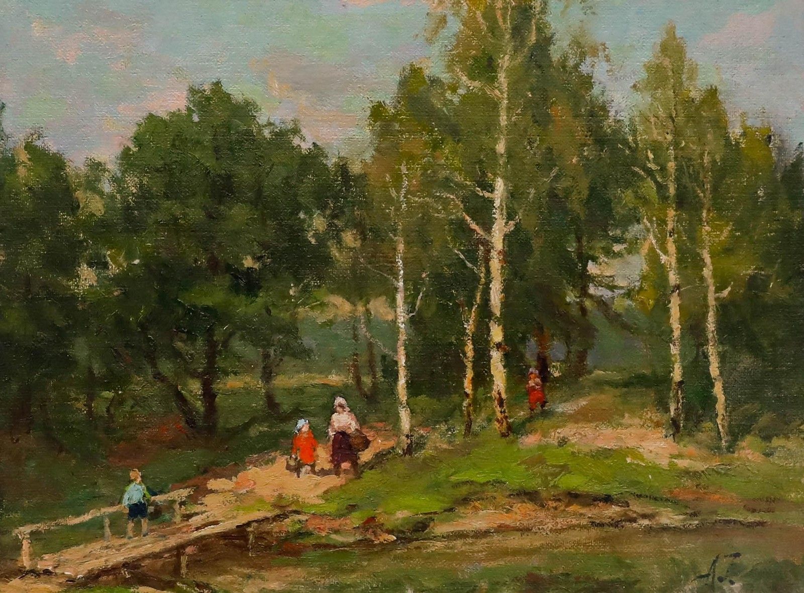 Framed Mid 20th Century Oil Over The Bridge photo furniture