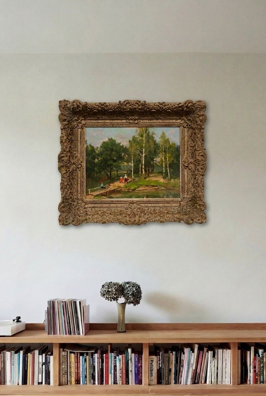 Framed Mid 20th Century Oil Over The Bridge photo for sale