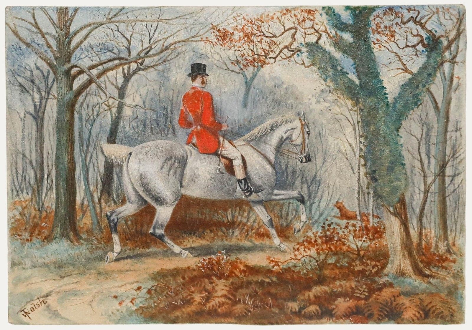 T. Walsh 19th Century Watercolour, The Hunt Enters The Wood