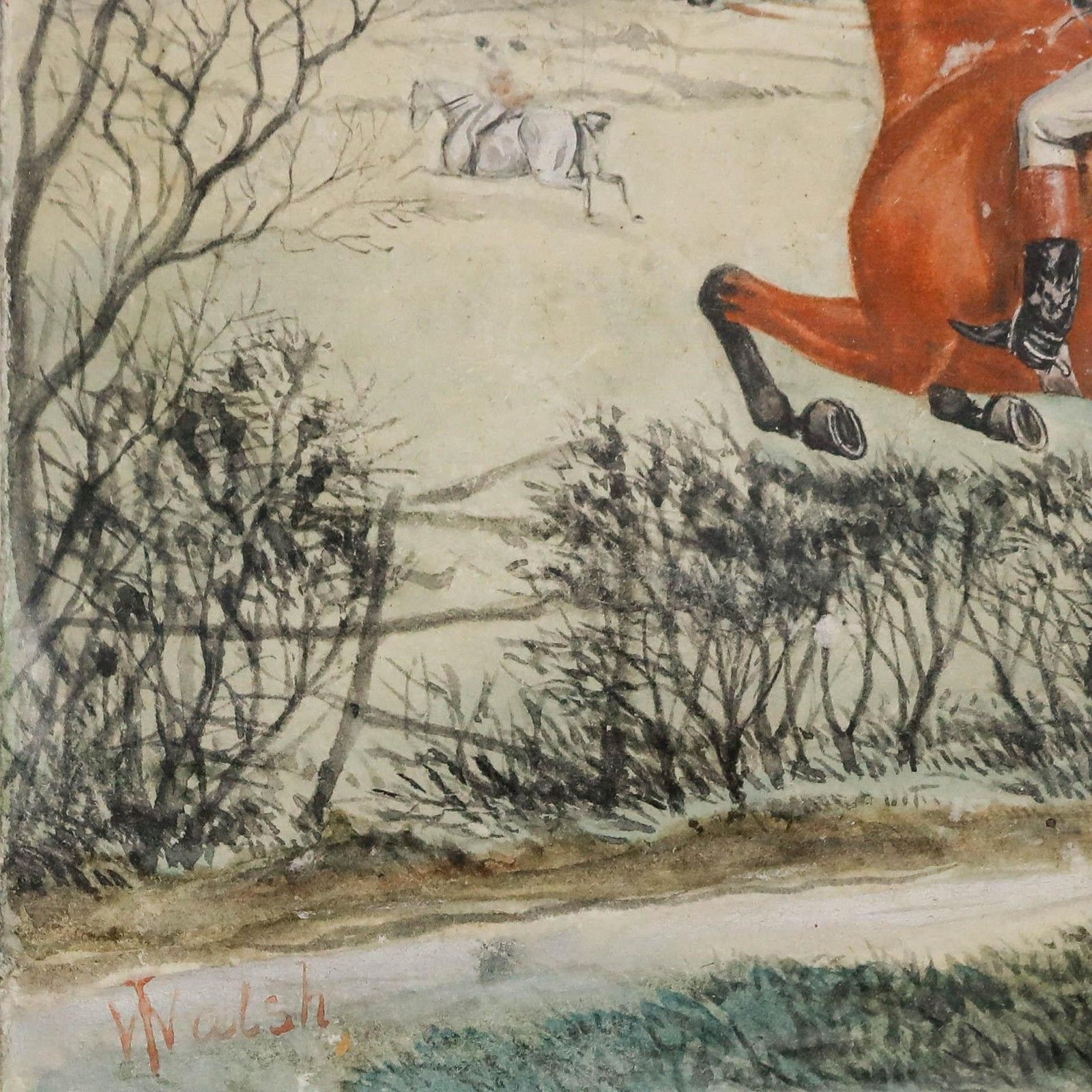 T. Walsh 19th Century Watercolour, The Hunt Takes The Leap photo Art