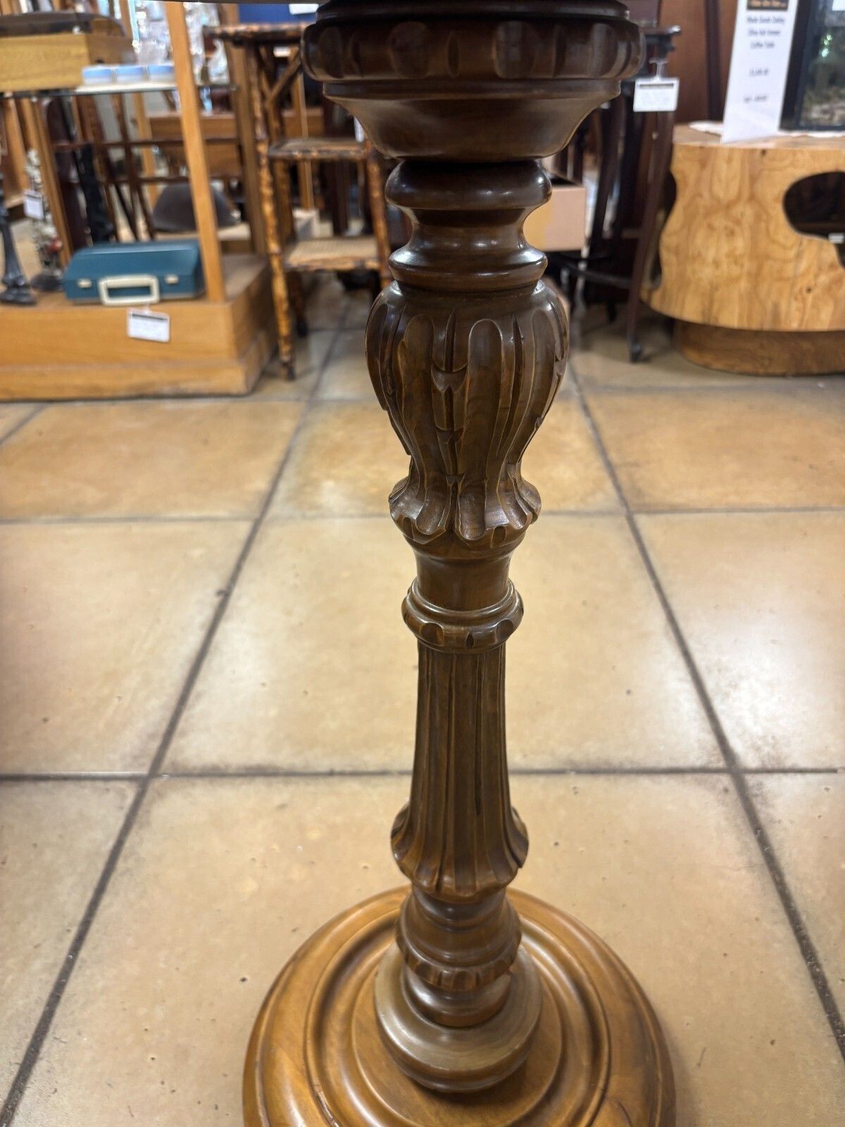 photo furniture Antique Oak Carved Pedestal Torchiere/ Plant Stand With Cork Centre