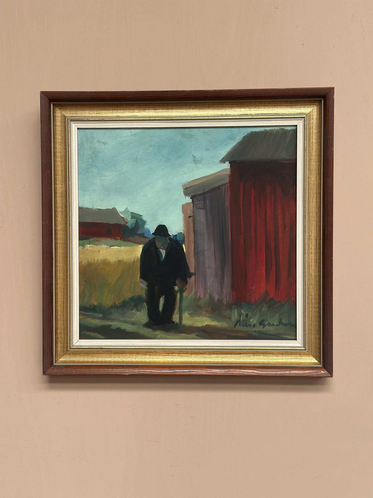 Swedish Mid Century Oil On Panel – "Man Standing" By Svan Grandin, Vintage &  Framed 40 × 38 Cm (15.7" X 15") photo Art