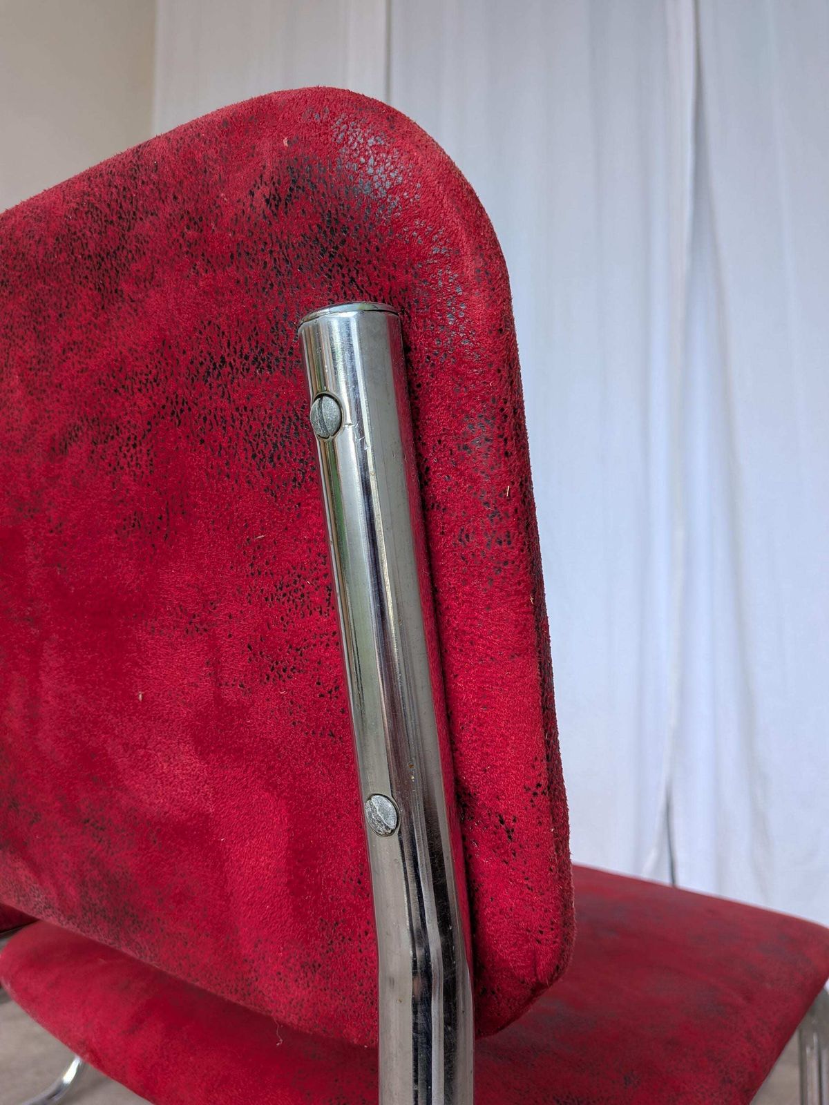 477.0 Set Of 2 Cesca Style Dining Chair: Red Fabric, Tubular Chrome Frame, 1970s photo