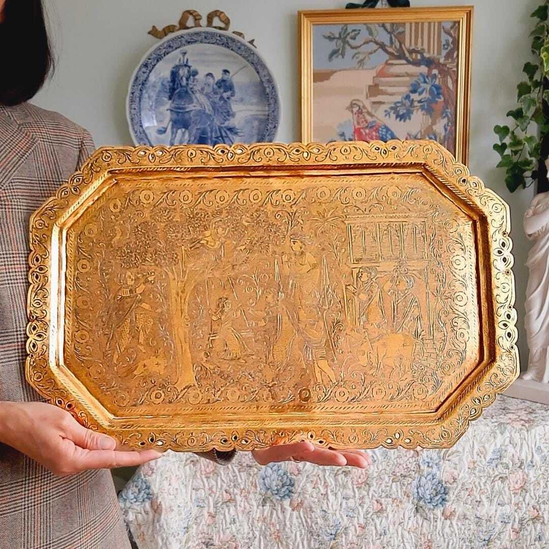 Large Antique Indian Brass Tray Finely Hand Engraved Court Scene Rectangular Shape L 22.5'' Could Be Hanged