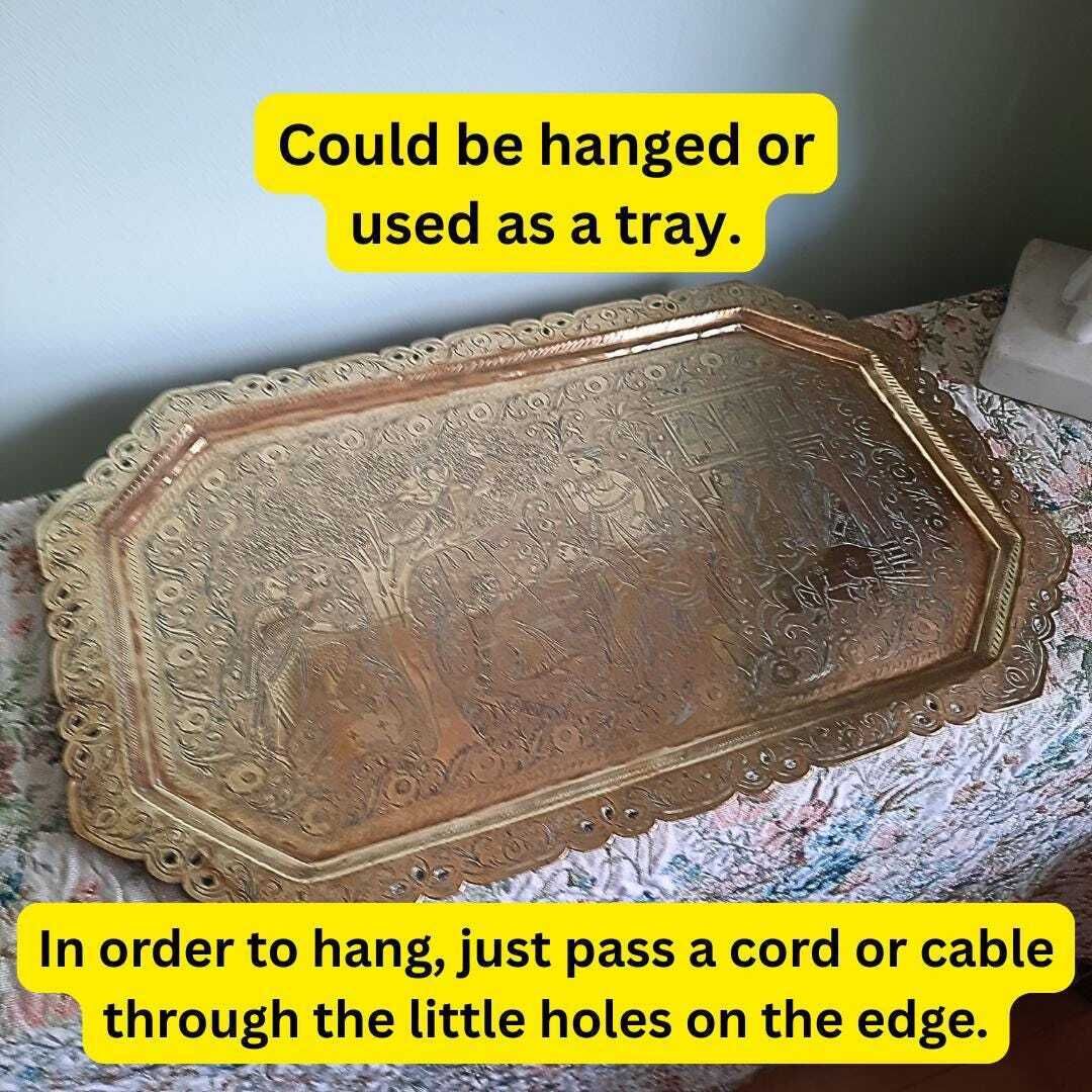 photo furniture Large Antique Indian Brass Tray Finely Hand Engraved Court Scene Rectangular Shape L 22.5'' Could Be Hanged