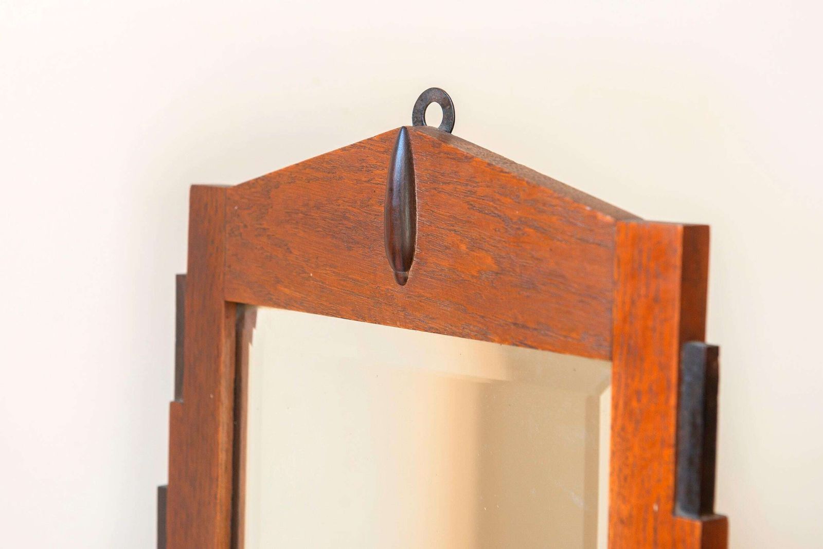 Art Deco Wall Mirror With Beveled Glass   Dutch Antique Mirror   Amsterdam School Wooden Mirror   1920s Geometric Stepped Oak Frame photo for sale
