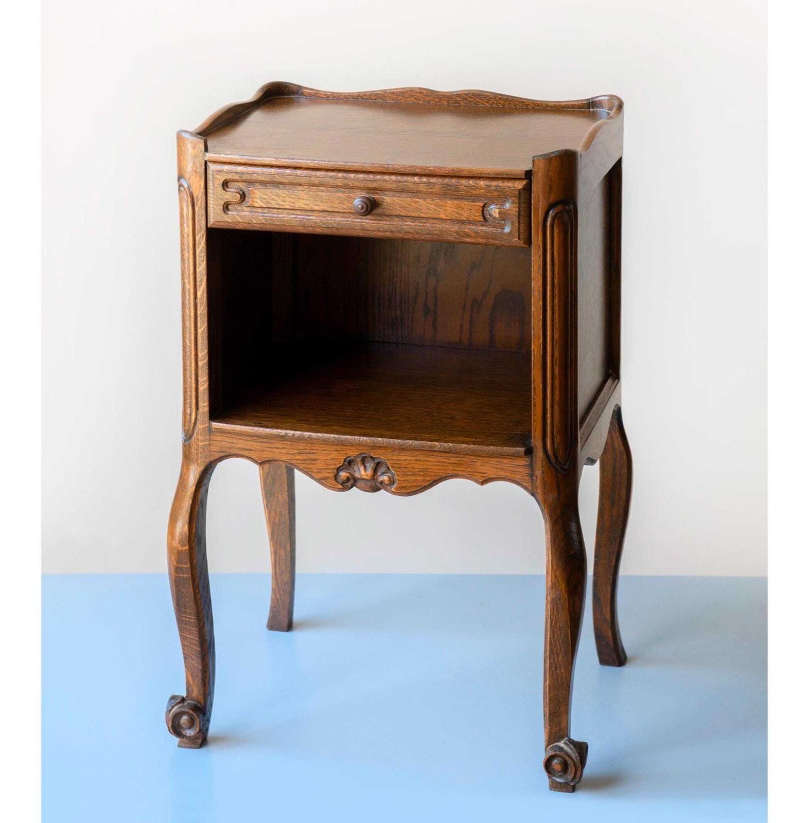 Antique Oak Bedside Table   French Louis XV Style Nightstand With Drawer   Vintage Small Side Cabinet