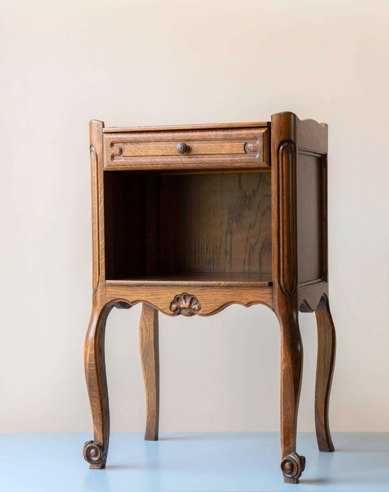 photo furniture Antique Oak Bedside Table   French Louis XV Style Nightstand With Drawer   Vintage Small Side Cabinet