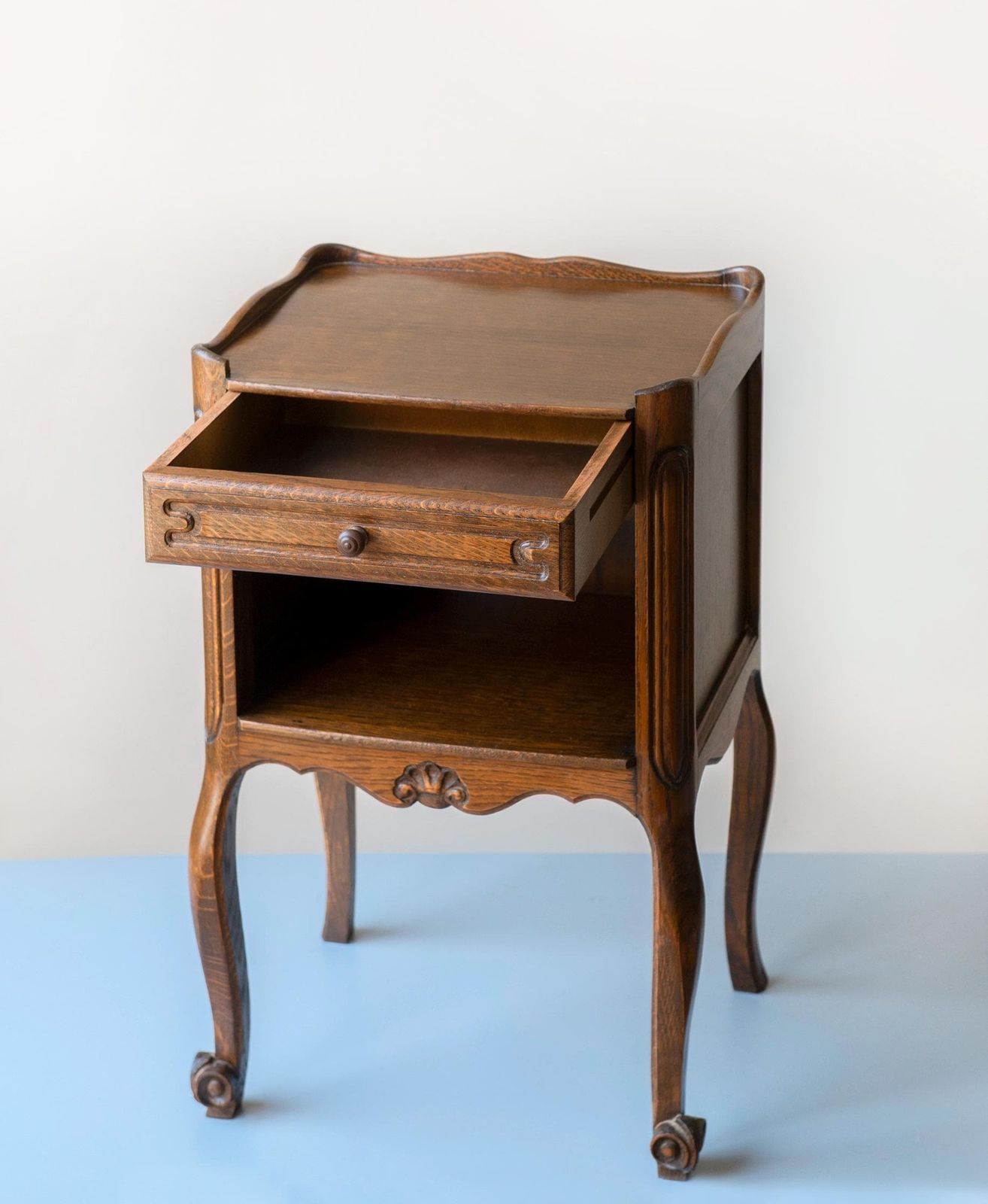 photo for sale Antique Oak Bedside Table   French Louis XV Style Nightstand With Drawer   Vintage Small Side Cabinet
