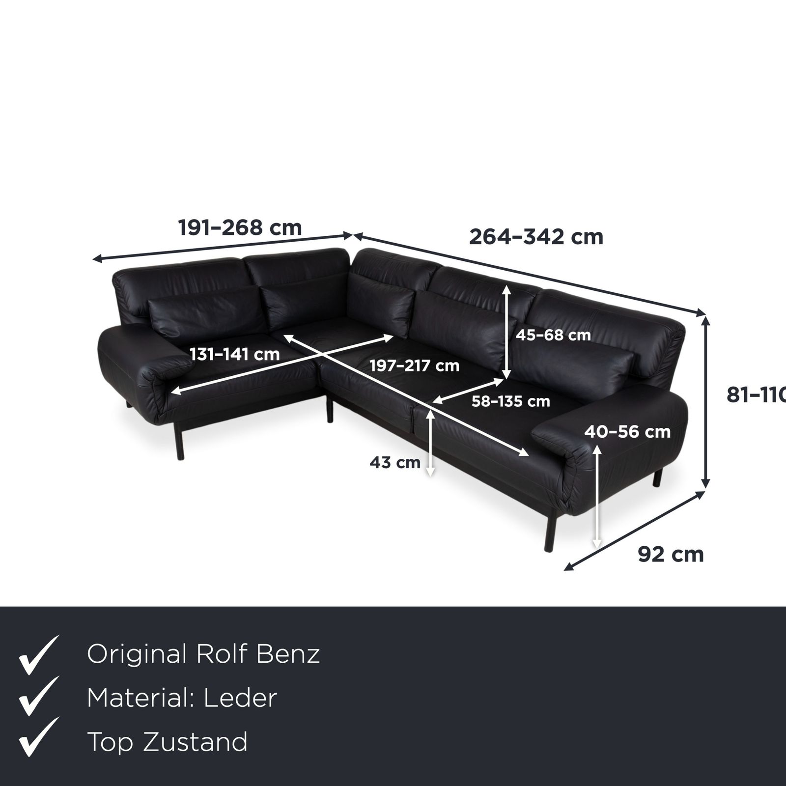 Canapé d'angle Rolf Benz Plura en cuir noir, fonction manuelle photo furniture