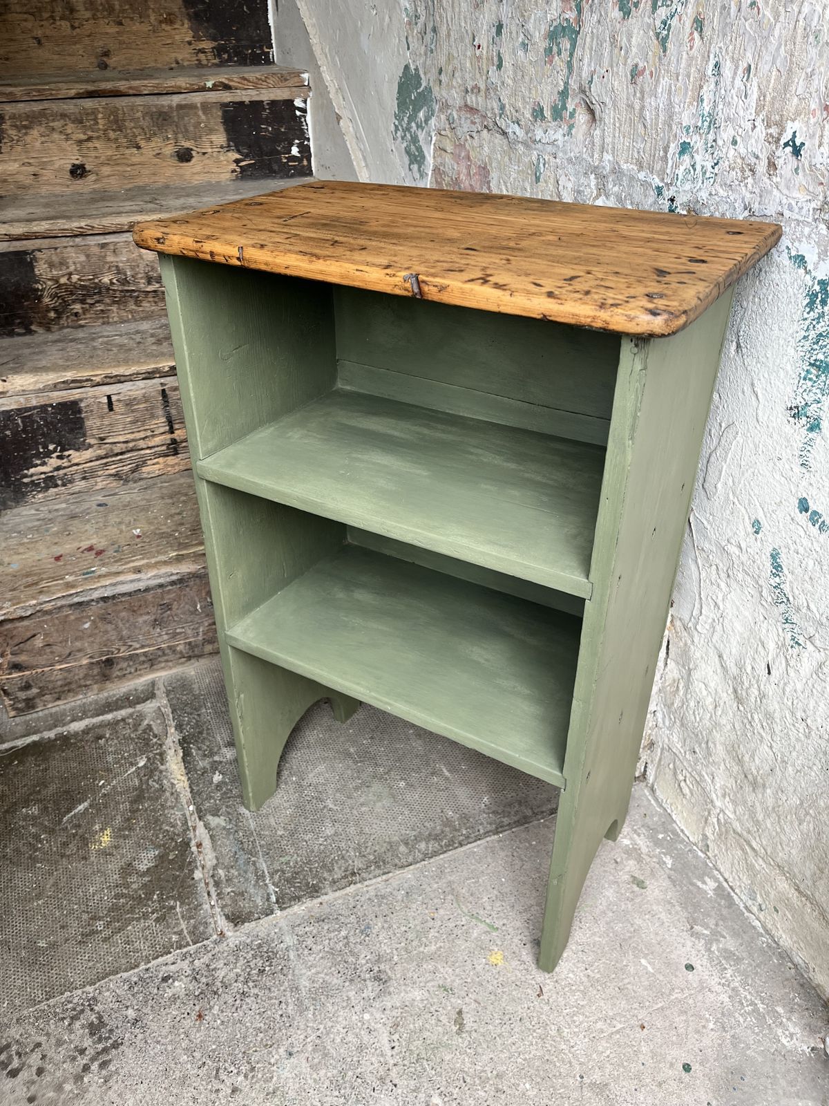 Furniture Edwardian Green Painted Pine Bedside Shelves photo
