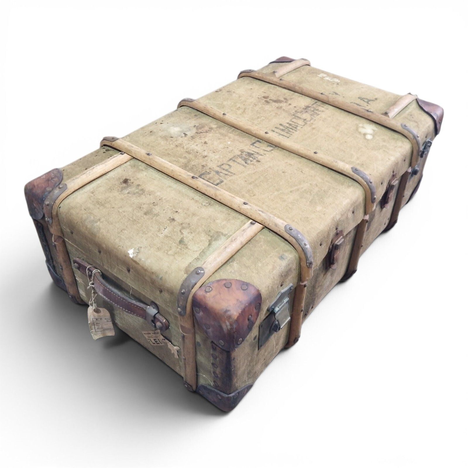 Antique Military Canvas Covered Steamer Trunk Campaign Chest Ra Rm Travel Case photo 95.0