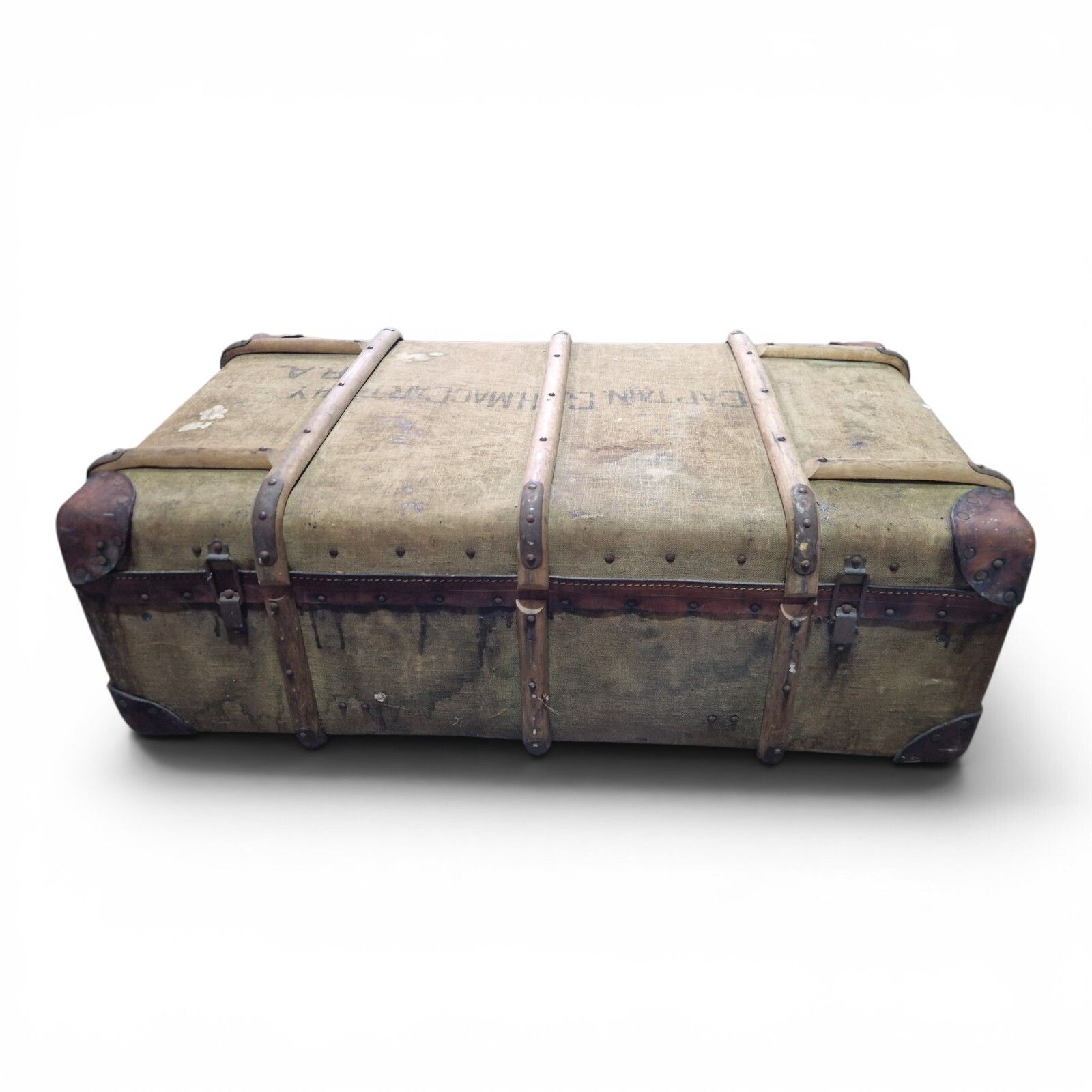 Antique Military Canvas Covered Steamer Trunk Campaign Chest Ra Rm Travel Case photo vintage