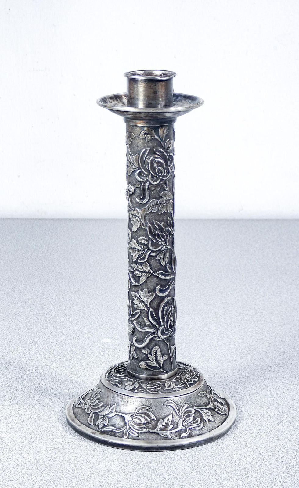 Embossed Silver Candlestick With Vegetal And Floral Decoration. China, 19th Century photo Home Decor