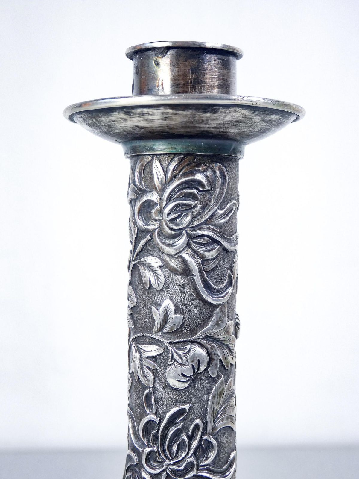 Embossed Silver Candlestick With Vegetal And Floral Decoration. China, 19th Century photo buy