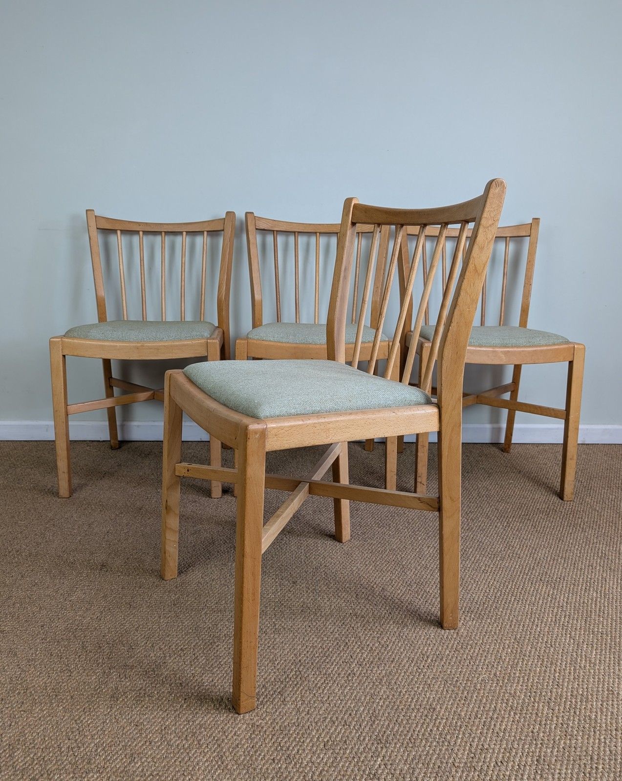 Set Of 4 1950's Beech Framed Kitchen Chairs With Upholstered Seats photo vintage