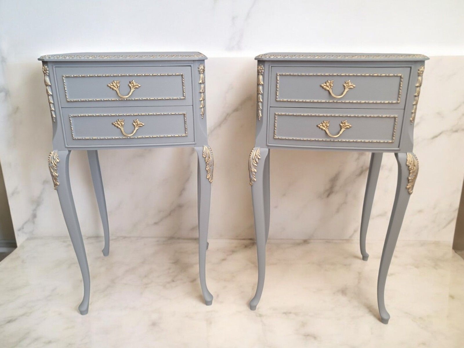 Antique Pair Louis XV Style Bedside Tables Hand Painted Grey French Cabinets photo buy