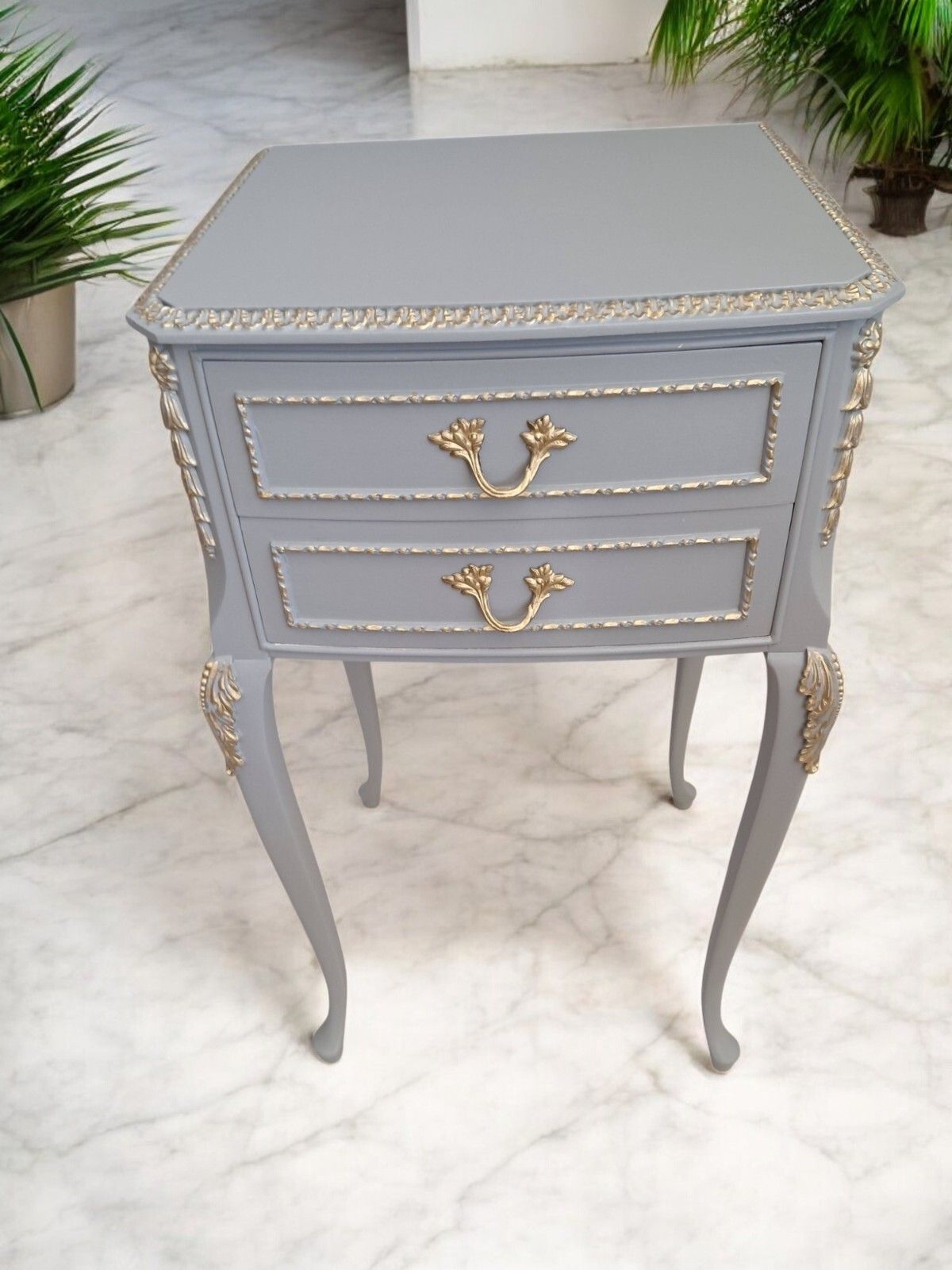 Furniture Antique Pair Louis XV Style Bedside Tables Hand Painted Grey French Cabinets photo