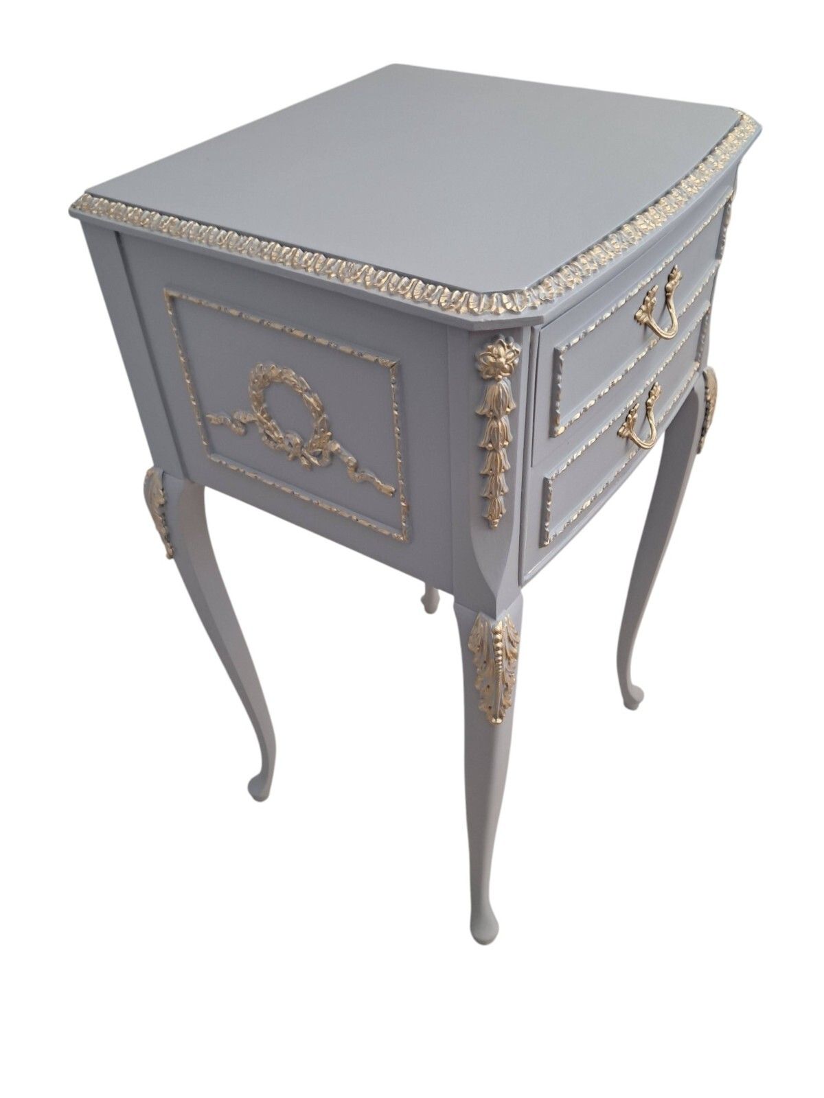photo vintage Antique Pair Louis XV Style Bedside Tables Hand Painted Grey French Cabinets