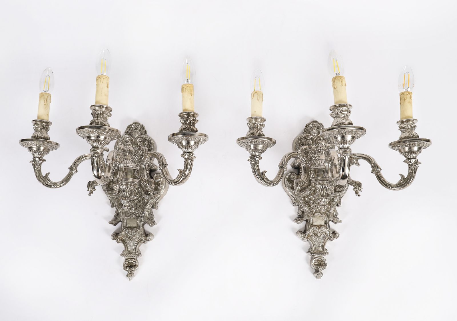 Lighting Antique Pair French Silver Plated Wall Lights Appliques Circa 1900 photo
