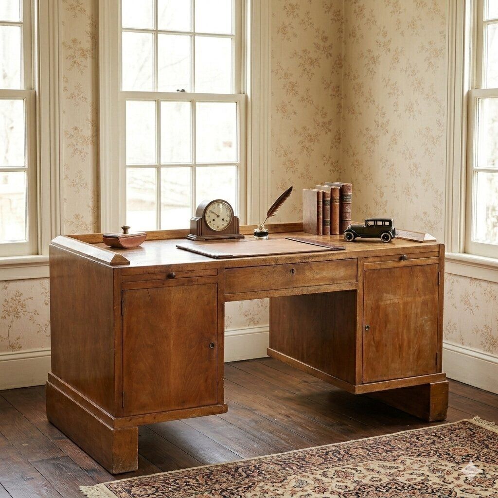 Vintage Writing Desk Walnut Veneer Wood Drawers Italy 1920s photo furniture