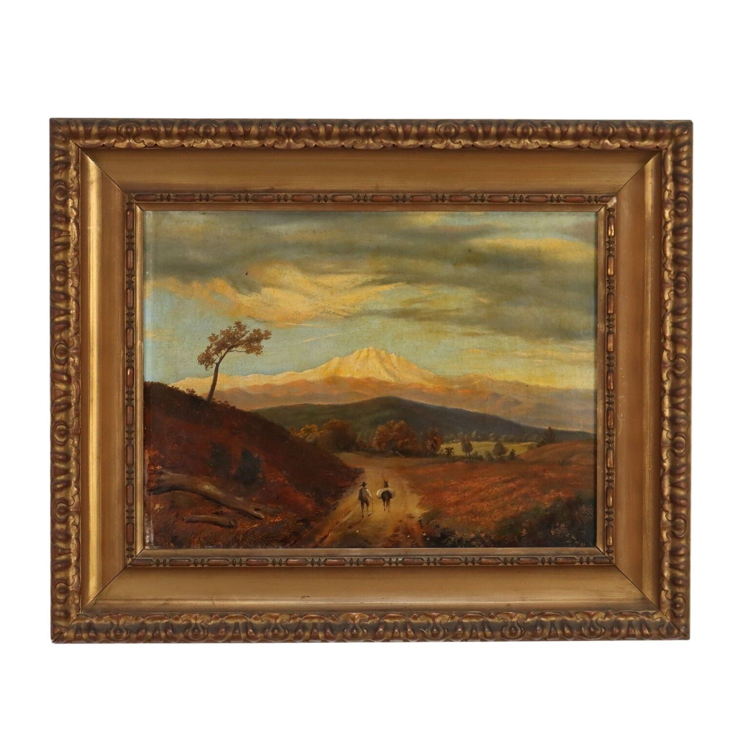 Countryside Glimpse With Figures Antique Painting Oil On Canvas '800