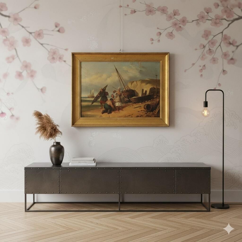 De verkoop van verse vis, antiek schilderij, olieverf op doek, 19e eeuw photo furniture