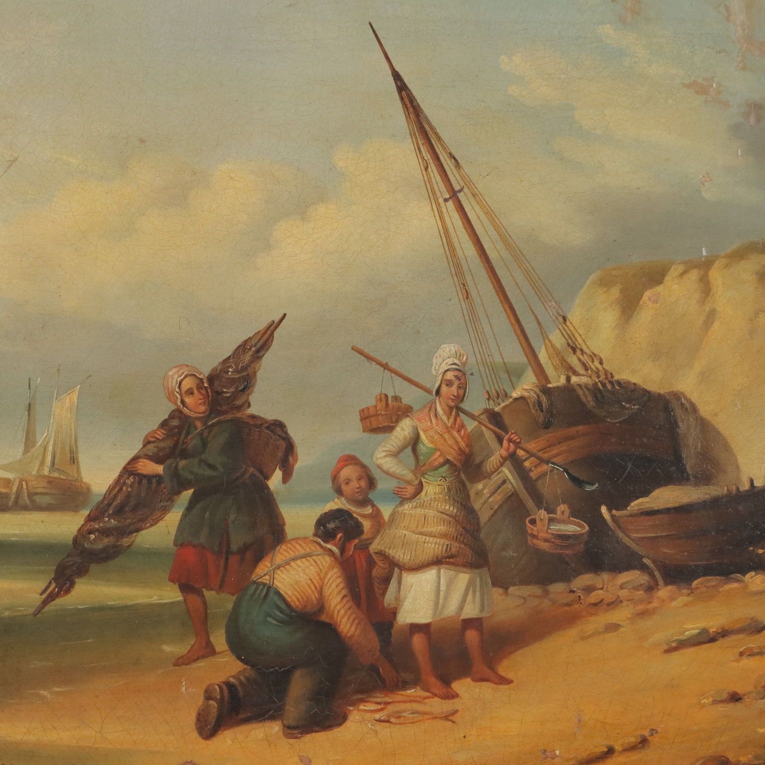 The Sale Of Fresh Fish Antique Painting Oil On Canvas XIX Century photo Art