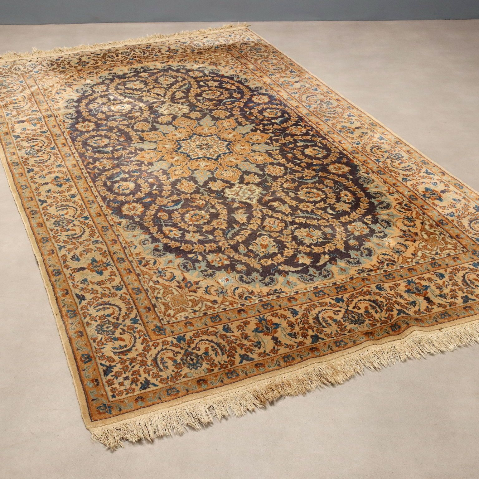 Antiek Aziatisch tapijt, katoen en wol, 103 x 60 in