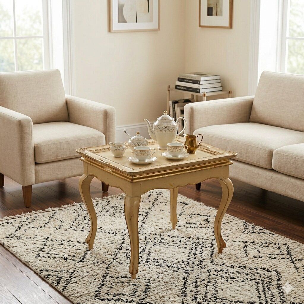 Klein antiek tafeltje, gelakt beuken met houtsnijwerk, Italië, 19e eeuw photo furniture