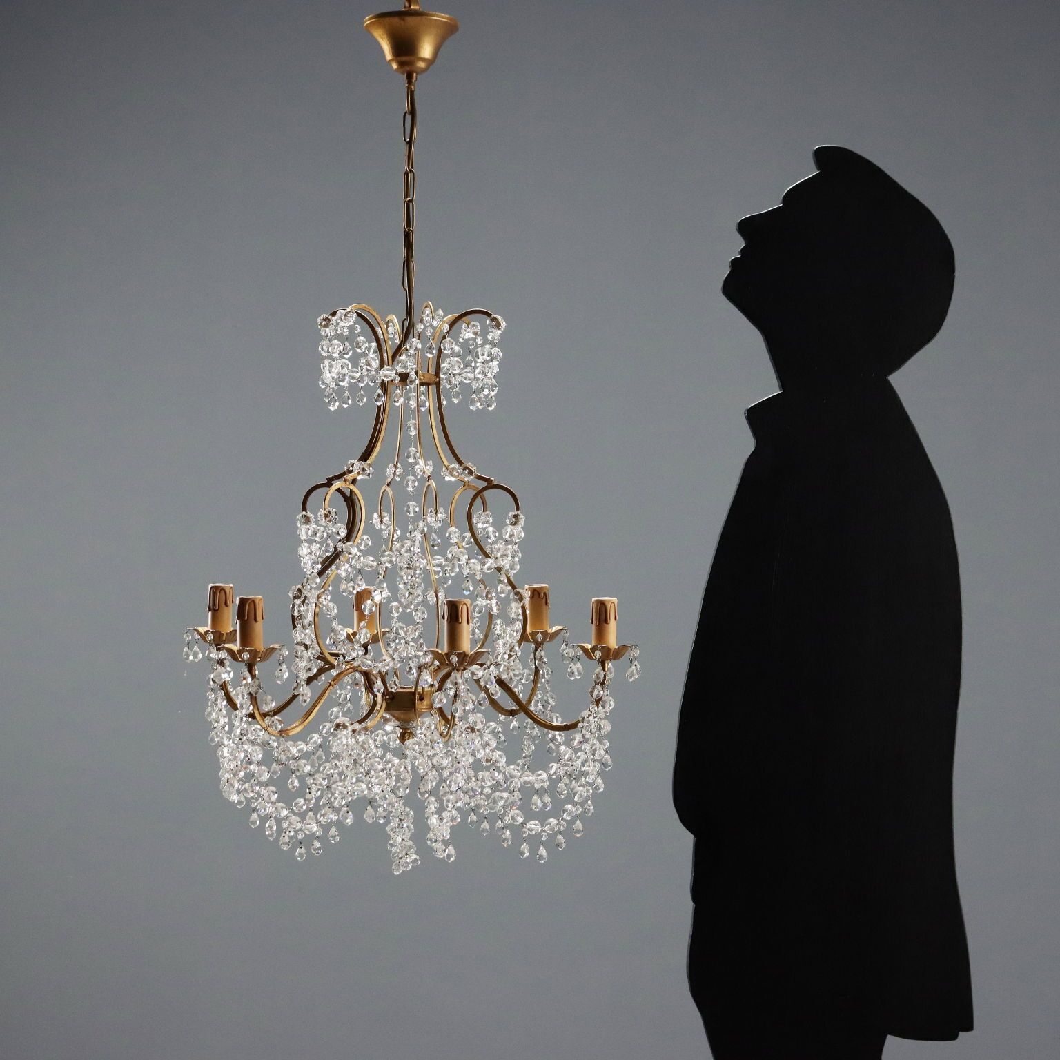 Antieke Kroonluchter Verguld IJzer en Metaal Italië 20e Eeuw photo furniture