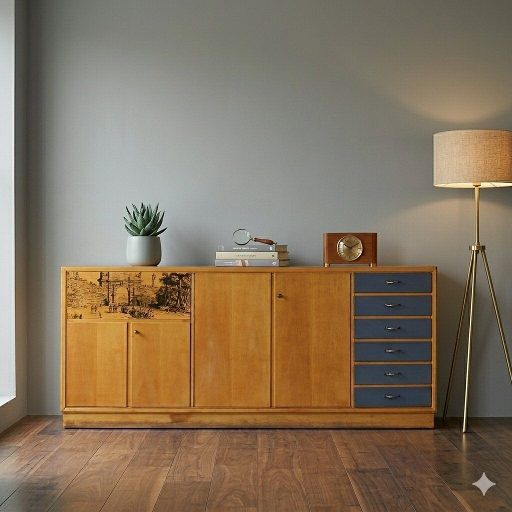 Vintage Cabinet Maple Veneer Glass Top Design Italy 1950s photo furniture