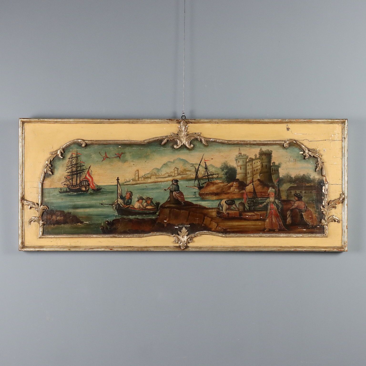 Peinture d'époque, vue de mer et de port, huile sur panneau dur, XIXe siècle