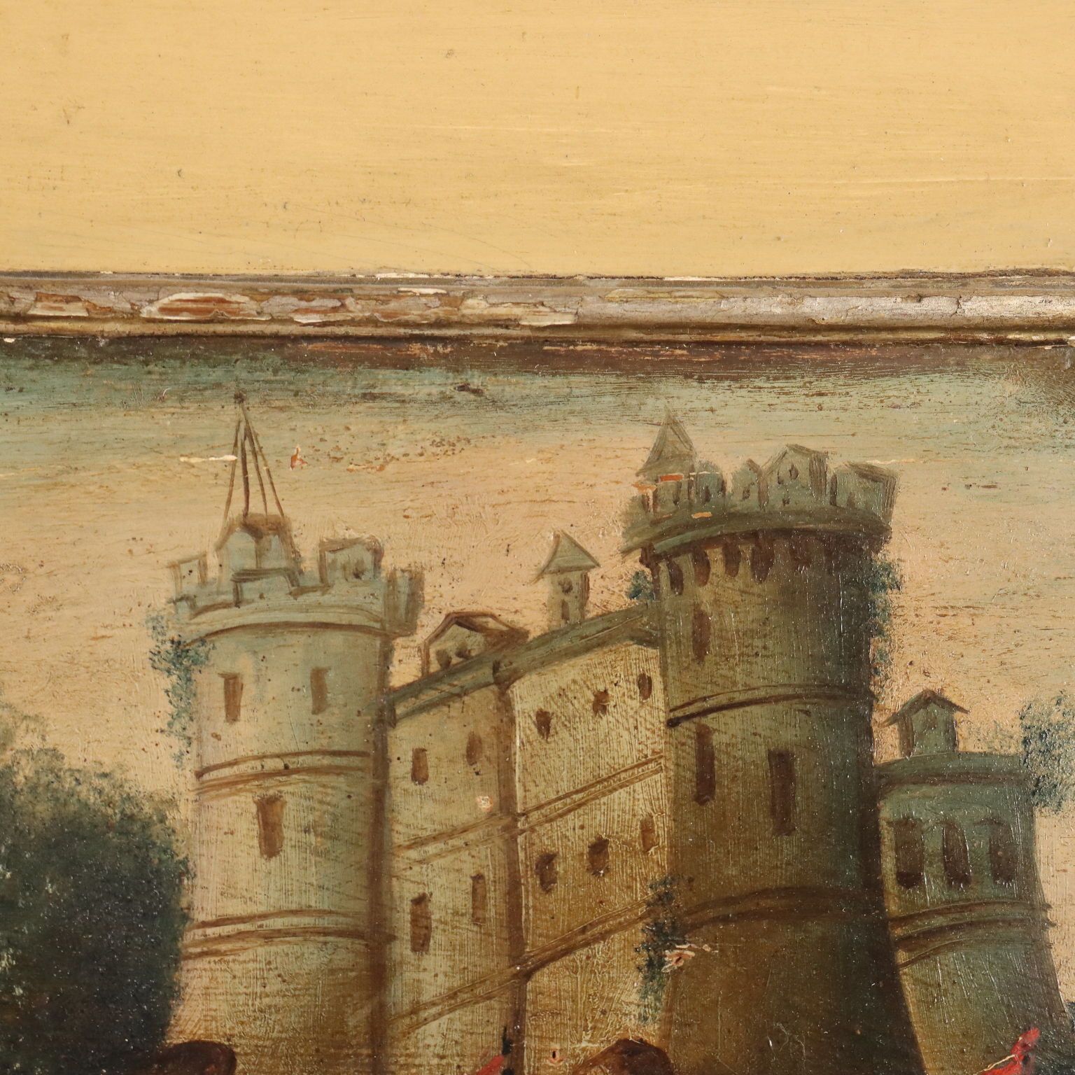 Antique Painting Sea And Port View Oil On Hardboard XIX Century photo vintage