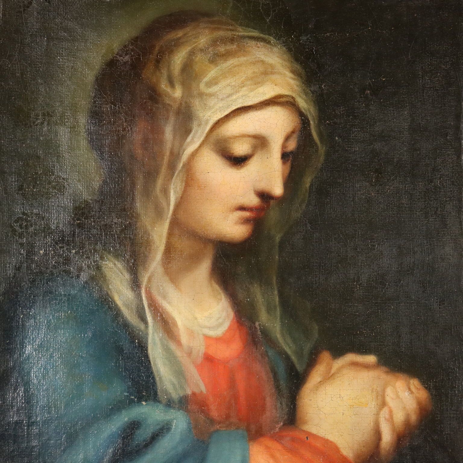 Antique Painting Virgin Mary Oil On Canvas Italy XVIII Century photo for sale