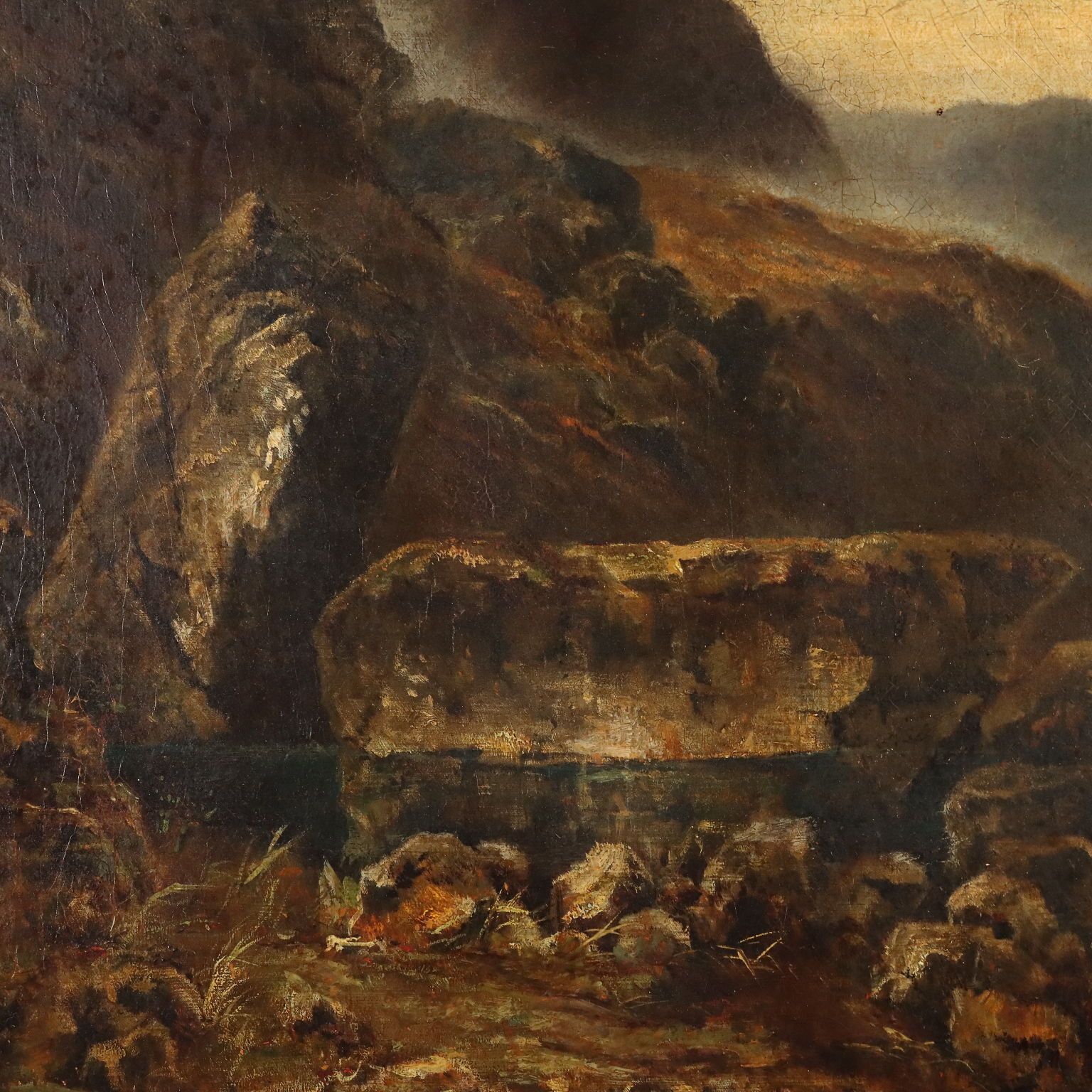 Tableau d'époque, paysage de montagne avec lac, huile sur toile, 1890 photo Art