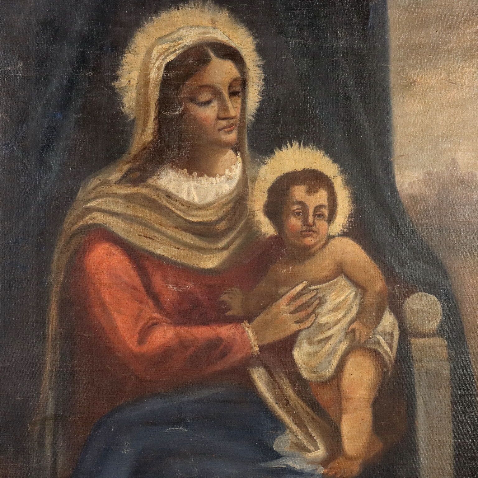 Antiek schilderij Madonna met kind, olieverf op doek, 19e eeuw photo for sale